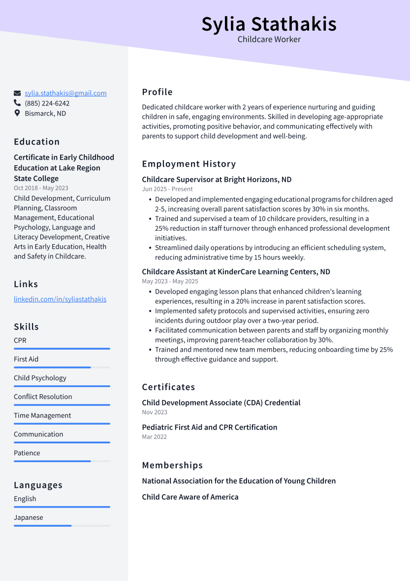 Childcare Worker Resume Example