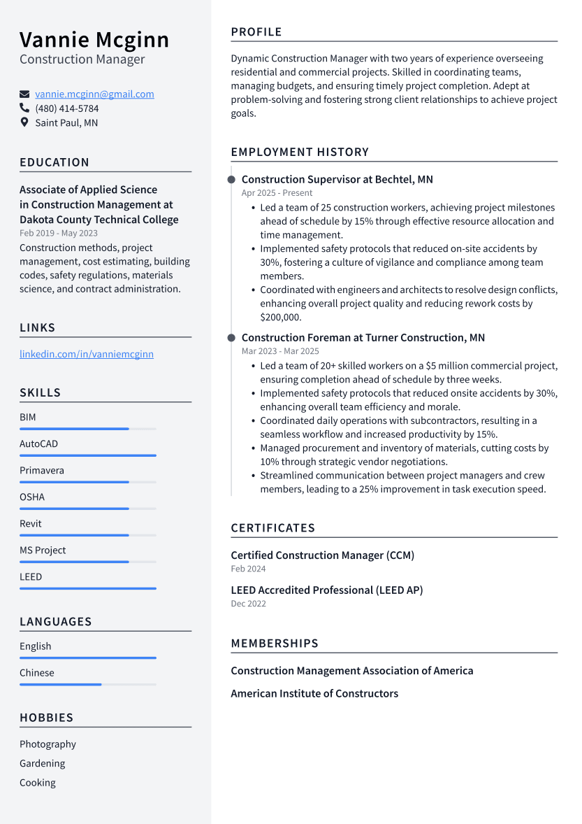 Construction Manager Resume Example