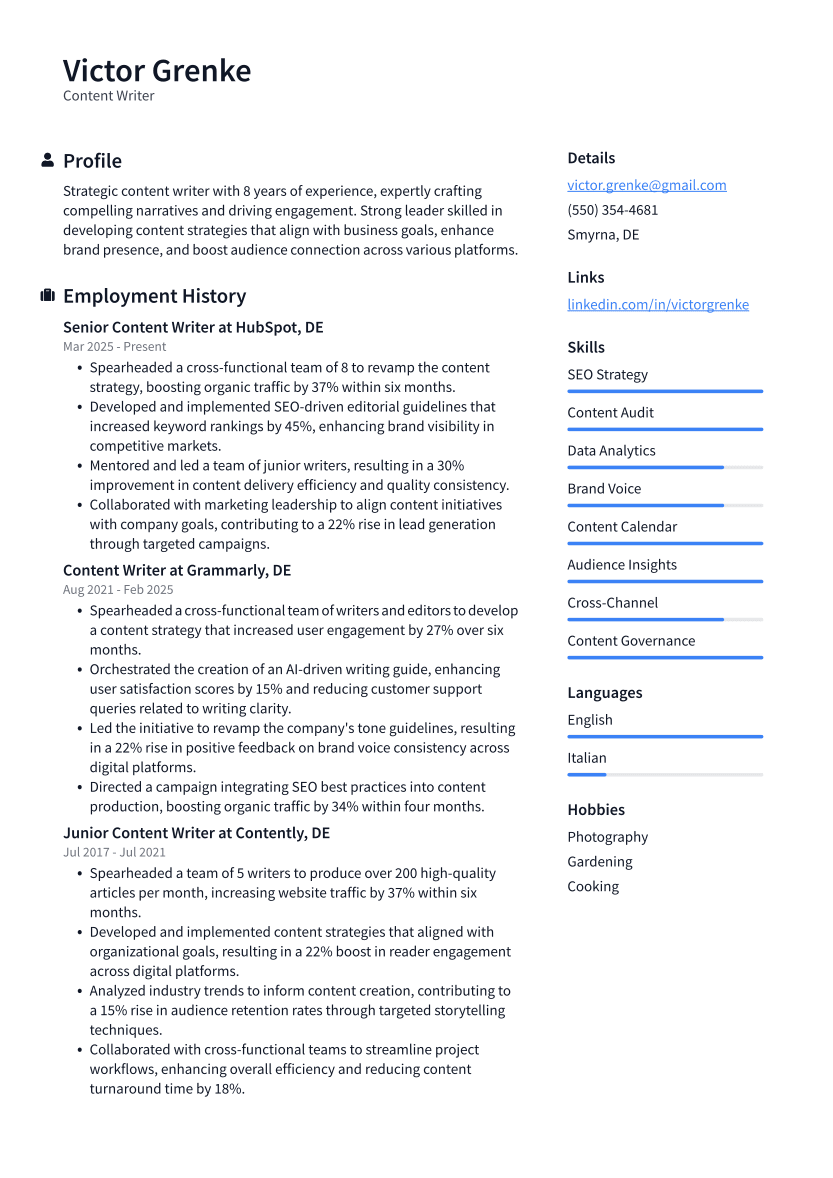 Content Writer Resume Example