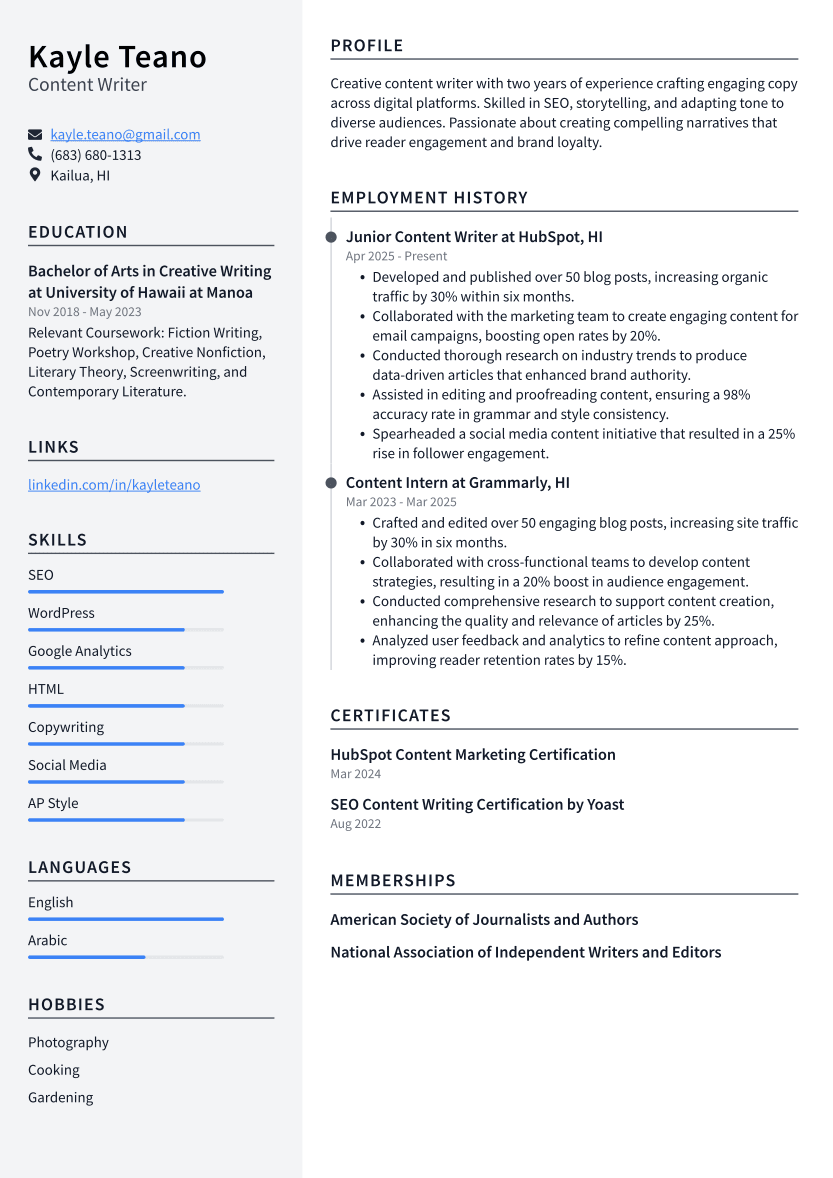 Content Writer Resume Example