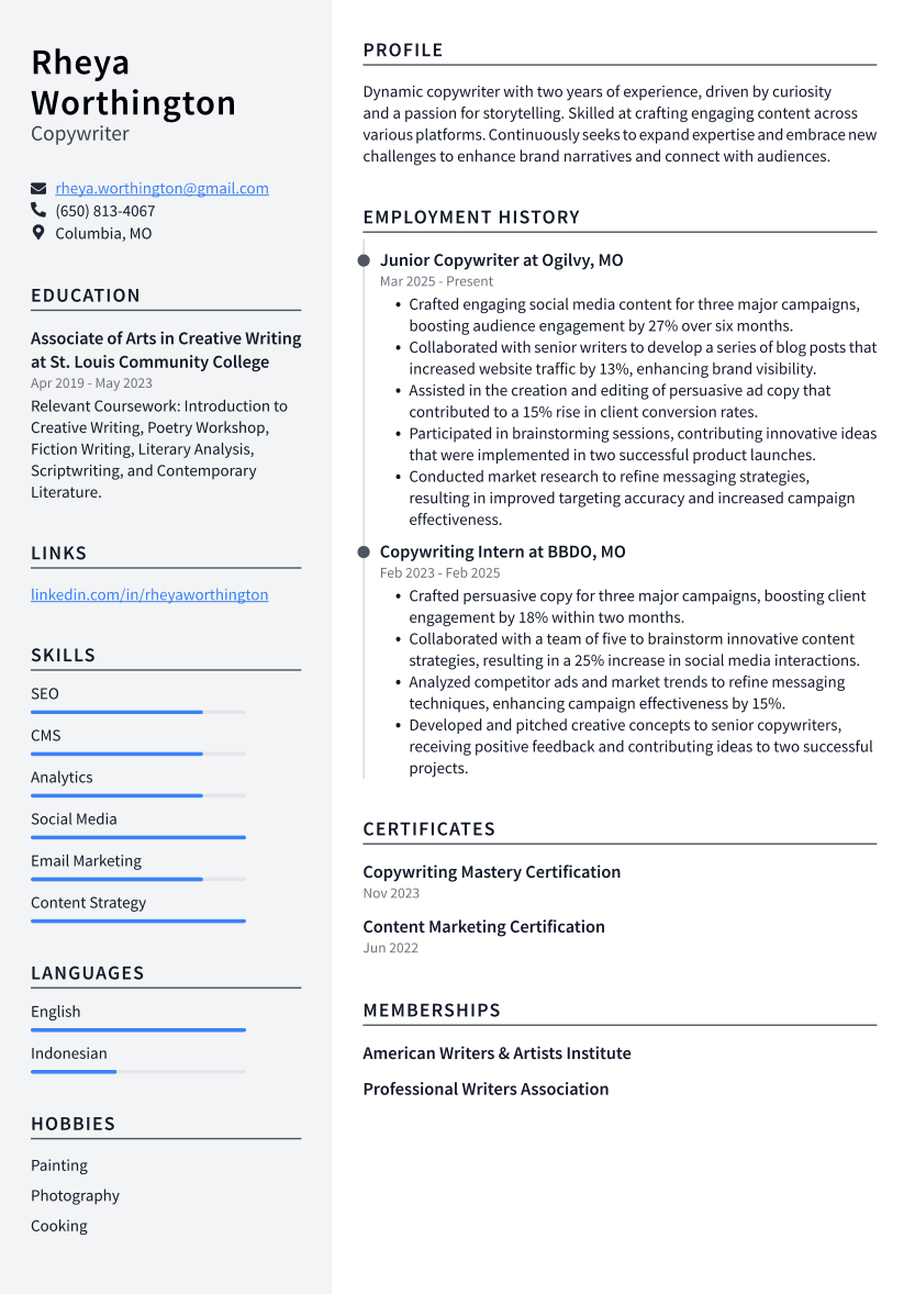 Copywriter Resume Example