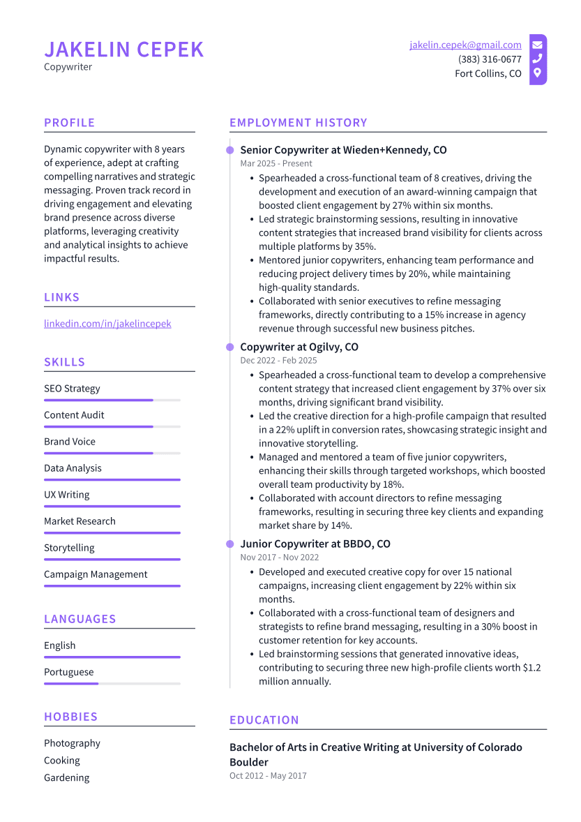 Copywriter Resume Example