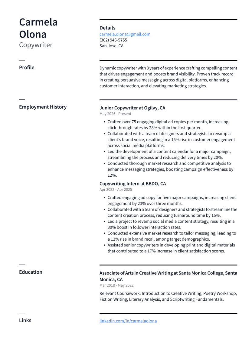Copywriter Resume Example