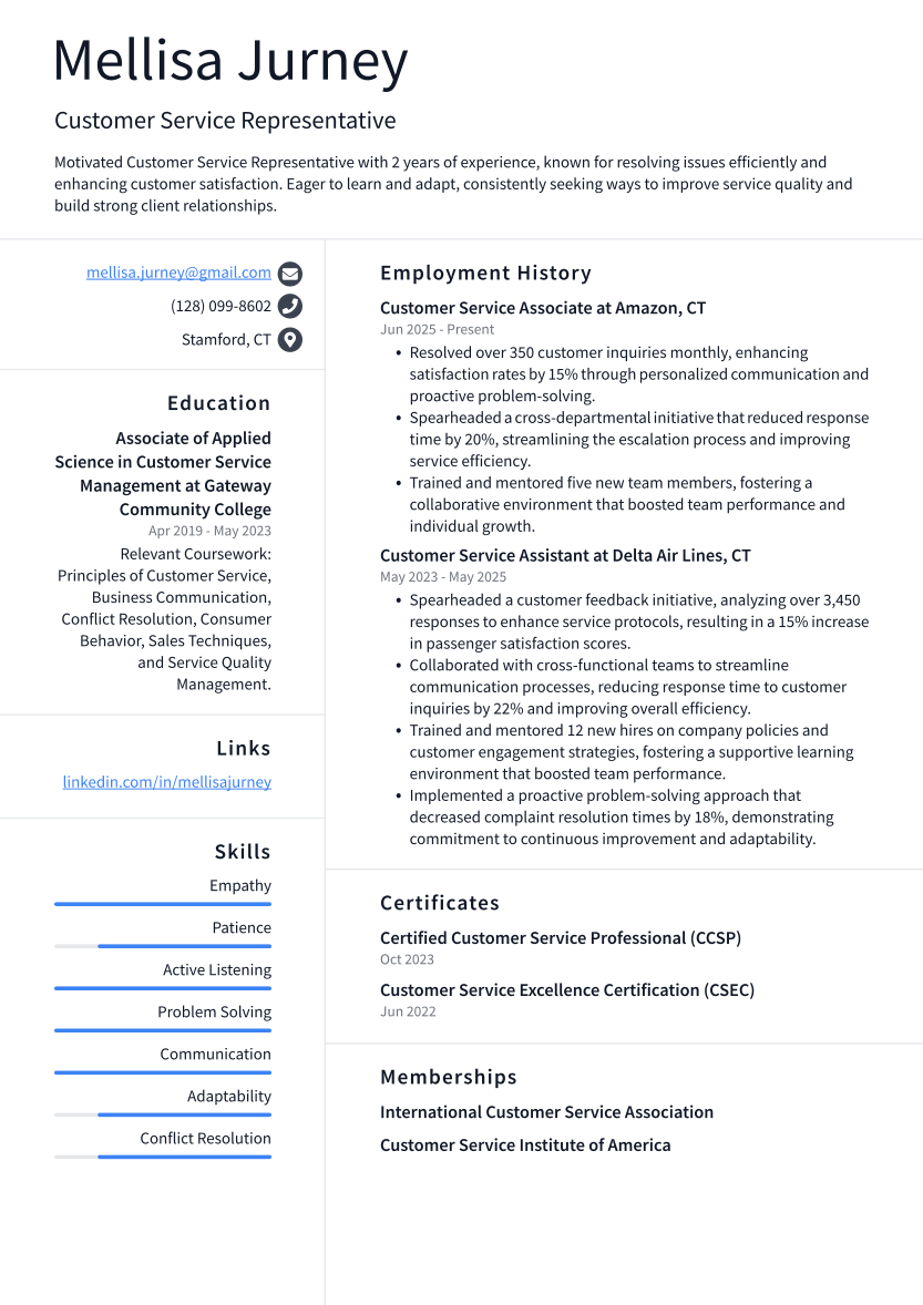 Customer Service Representative Resume Example