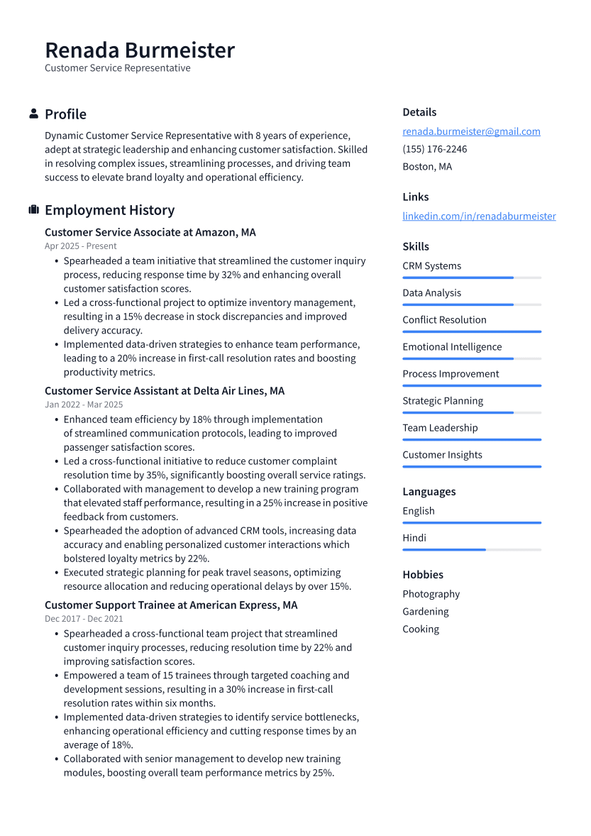 Customer Service Representative Resume Example