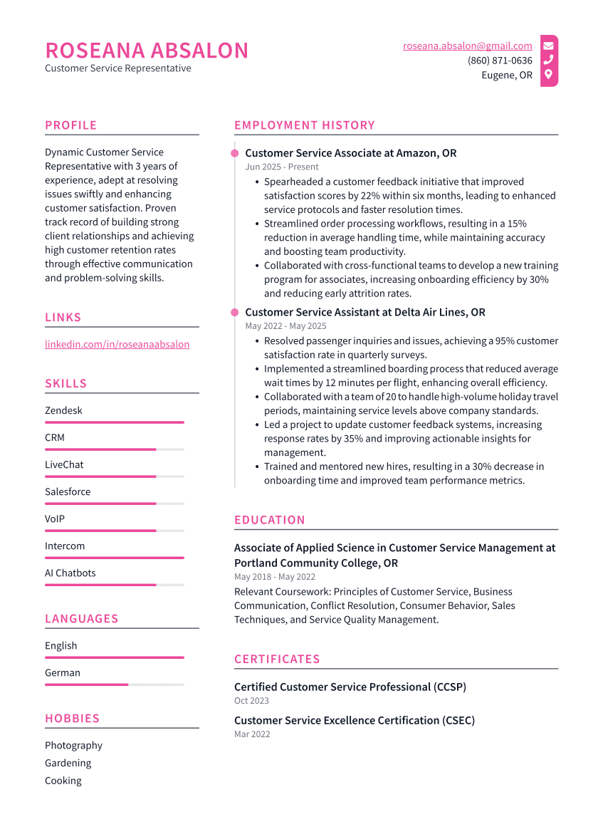 Customer Service Representative Resume Example