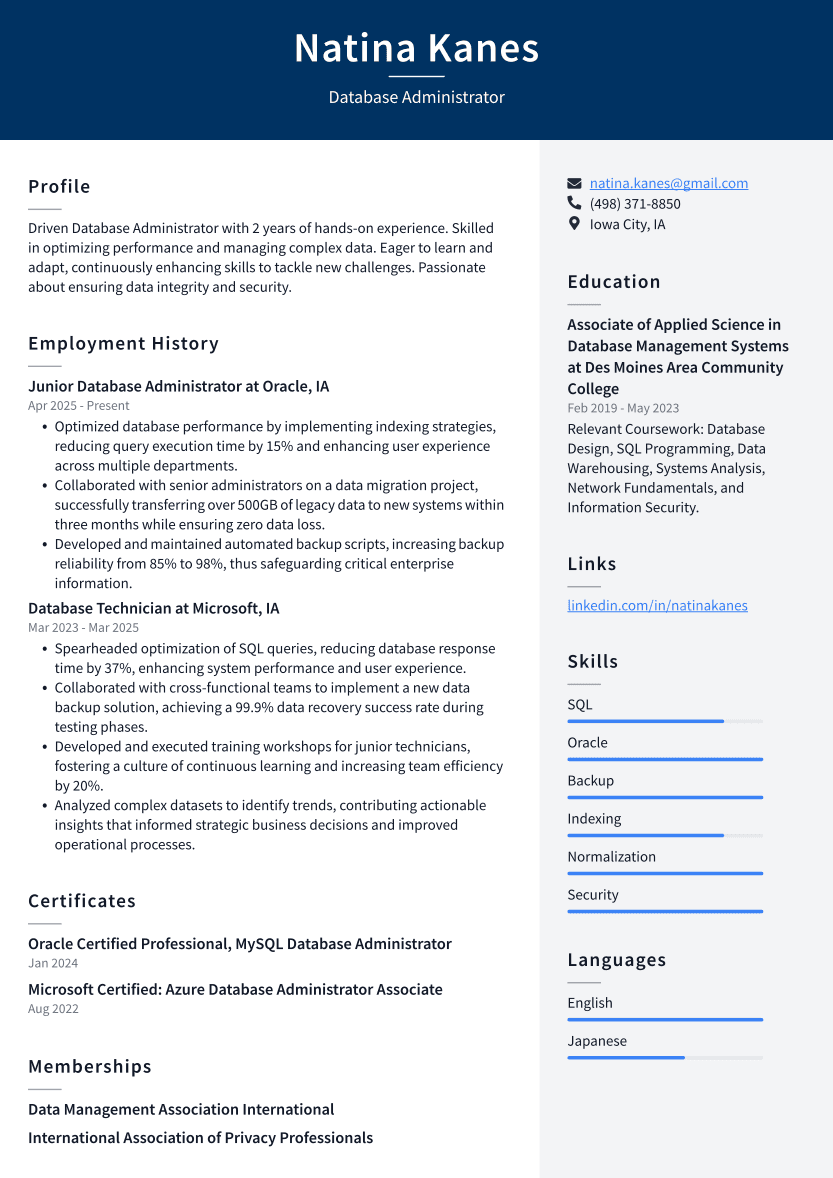 Database Administrator Resume Example