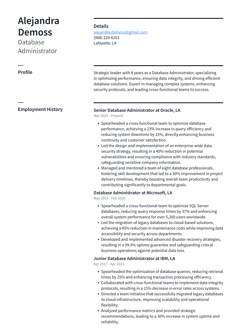 Database Administrator Resume Example
