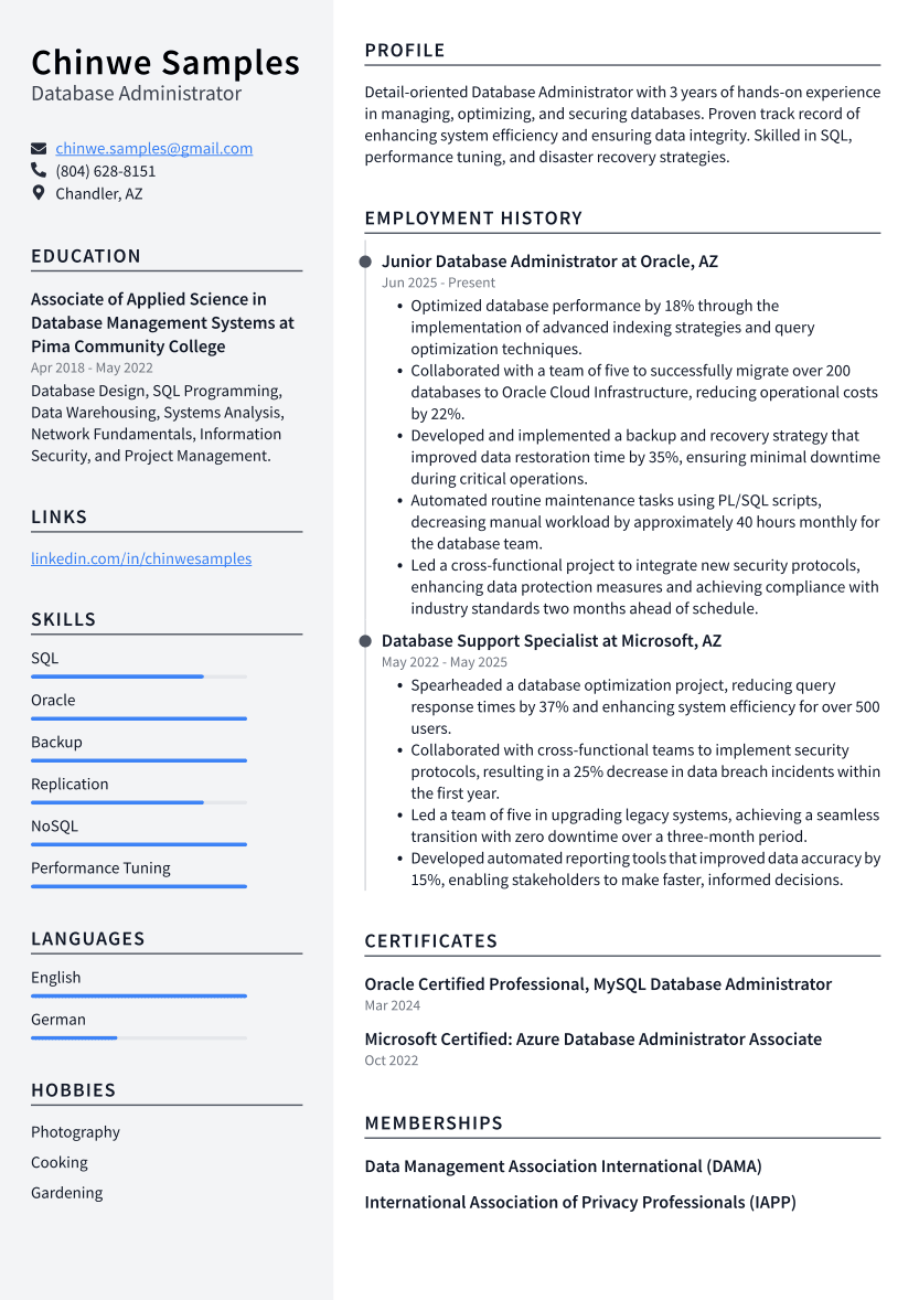 Database Administrator Resume Example