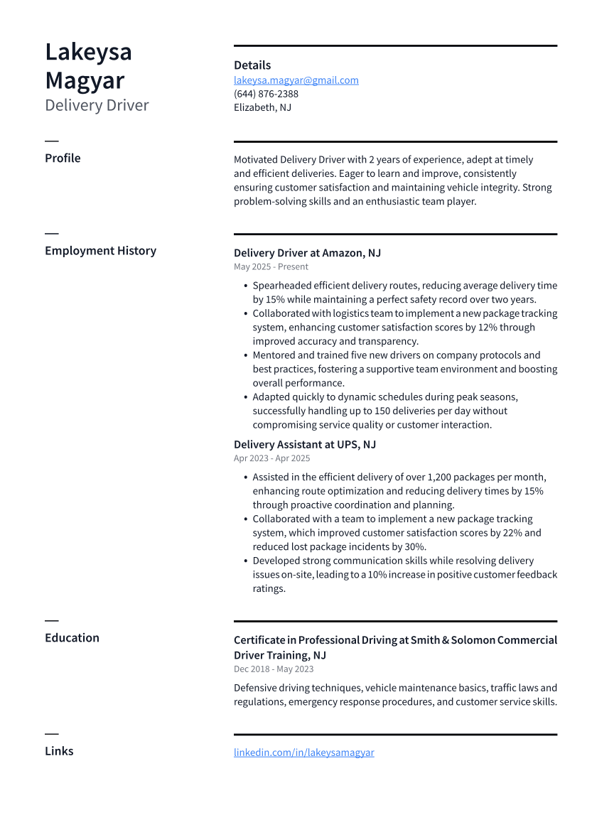 Delivery Driver Resume Example