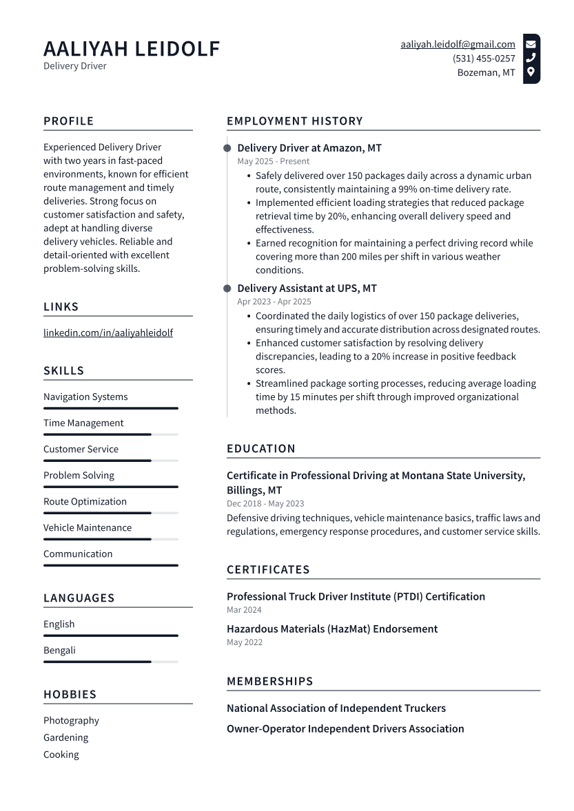 Delivery Driver Resume Example