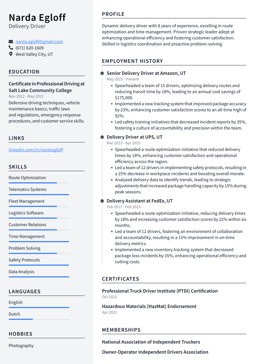 Delivery Driver Resume Example