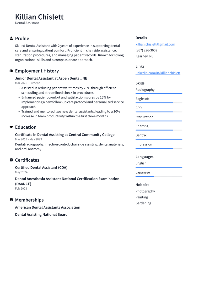 Dental Assistant Resume Example