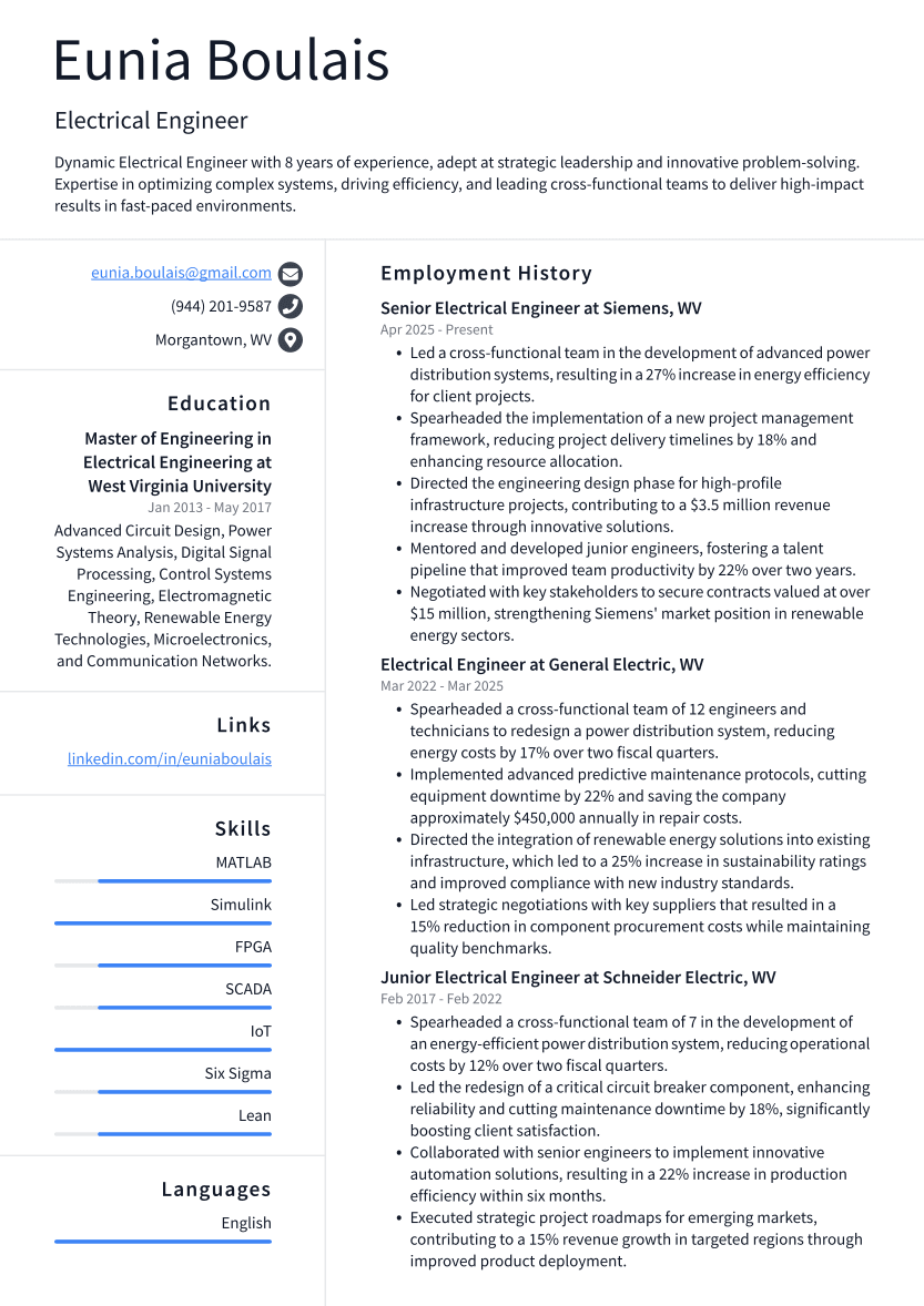 Electrical Engineer Resume Example