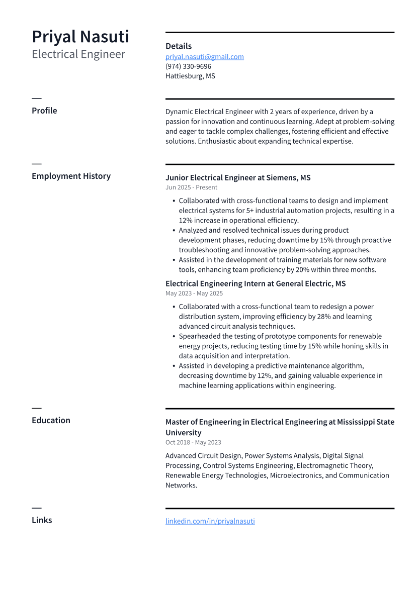 Electrical Engineer Resume Example