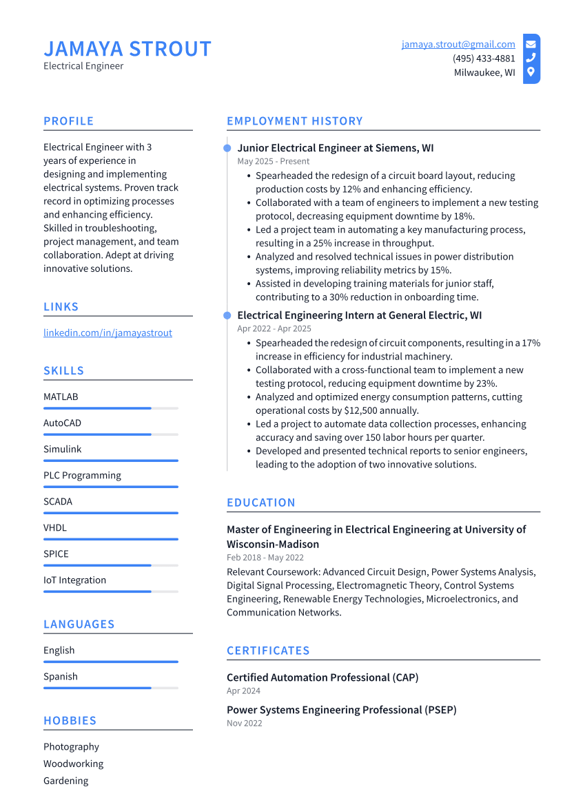 Electrical Engineer Resume Example