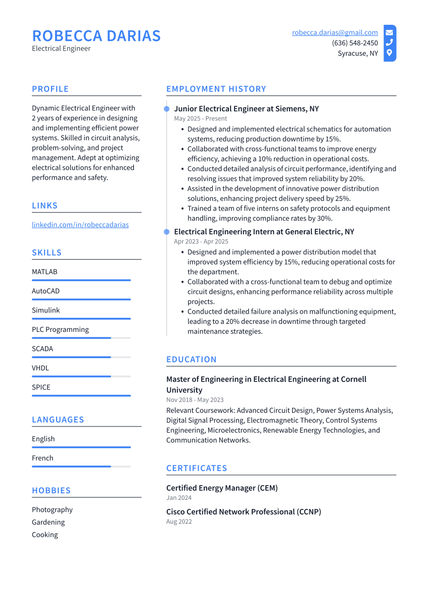 Electrical Engineer Resume Example