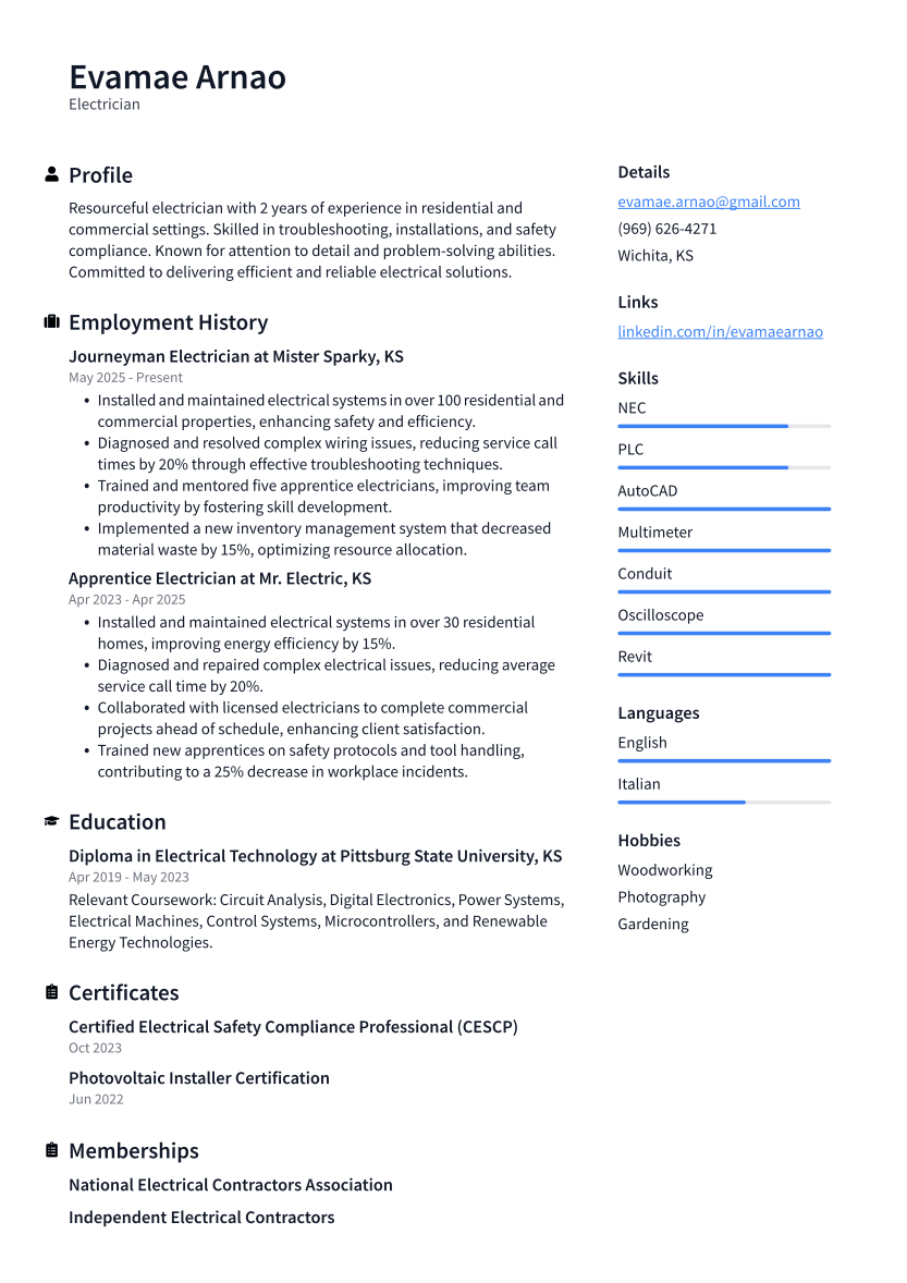 Electrician Resume Example