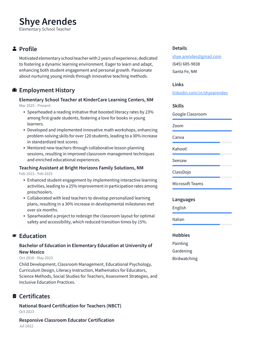 Elementary School Teacher Resume Example