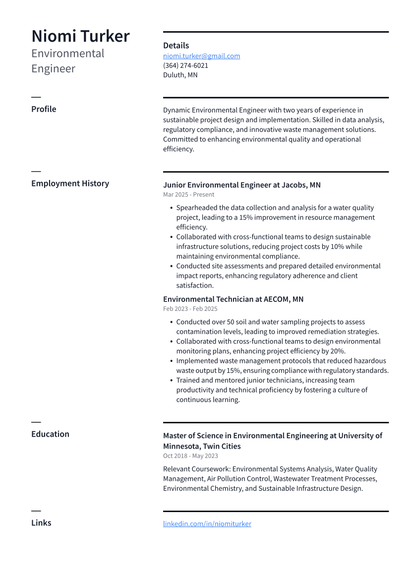 Environmental Engineer Resume Example