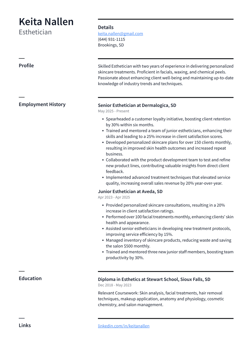 Esthetician Resume Example