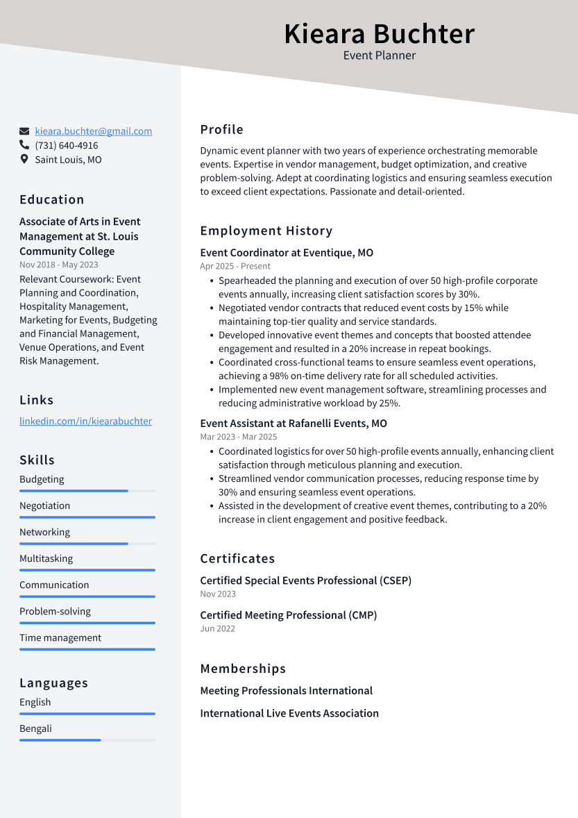 Event Planner Resume Example