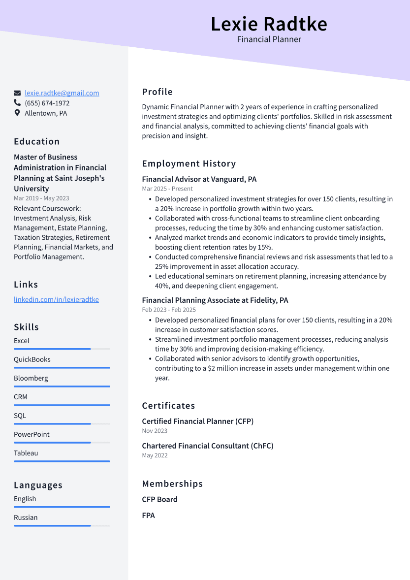 Financial Planner Resume Example