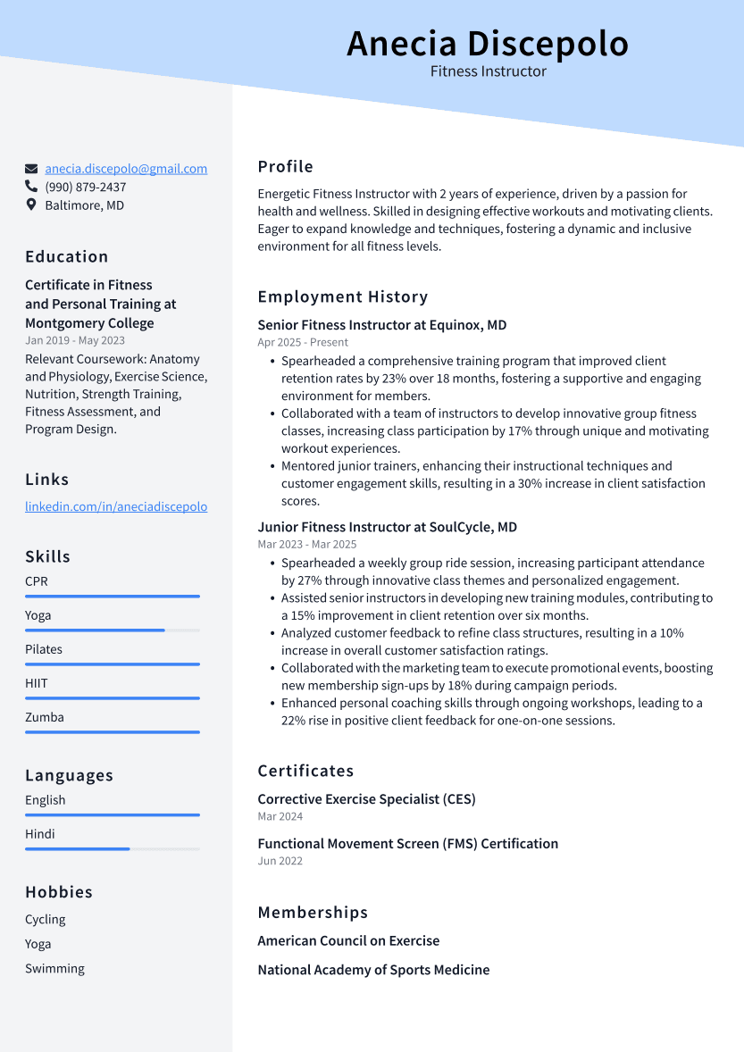 Fitness Instructor Resume Example