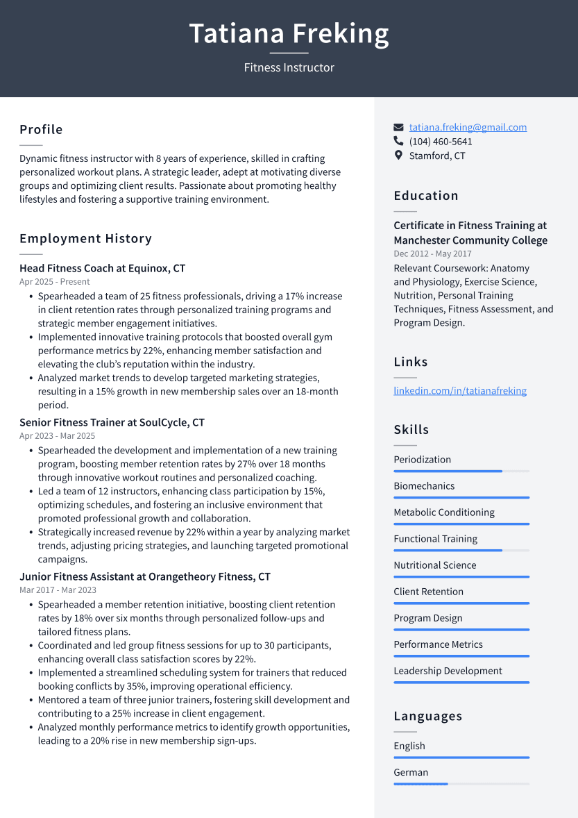 Fitness Instructor Resume Example