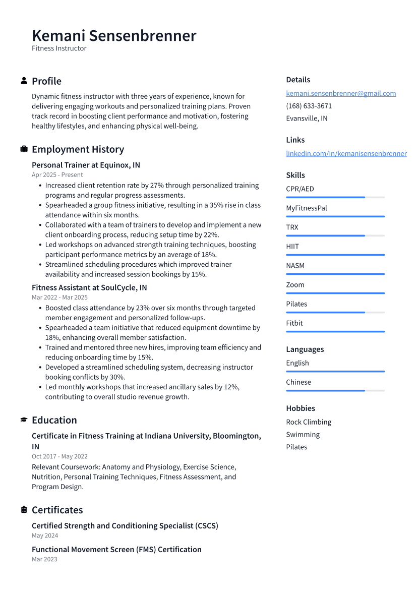 Fitness Instructor Resume Example