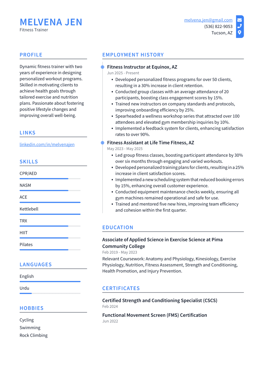 Fitness Trainer Resume Example