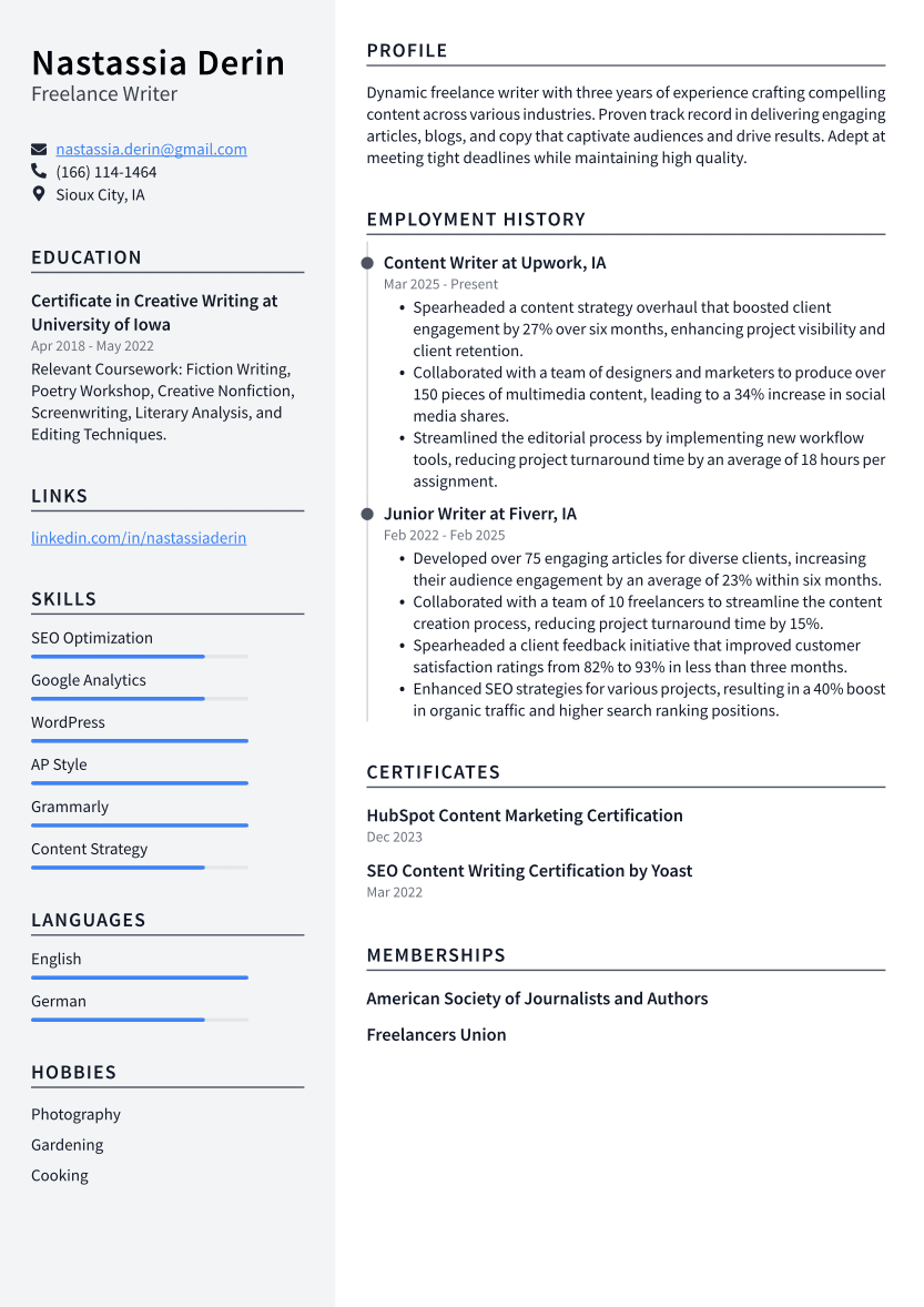 Freelance Writer Resume Example