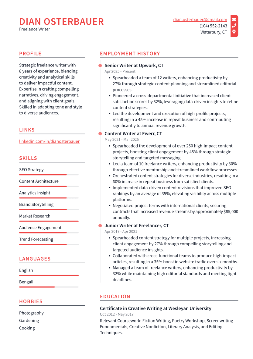 Freelance Writer Resume Example