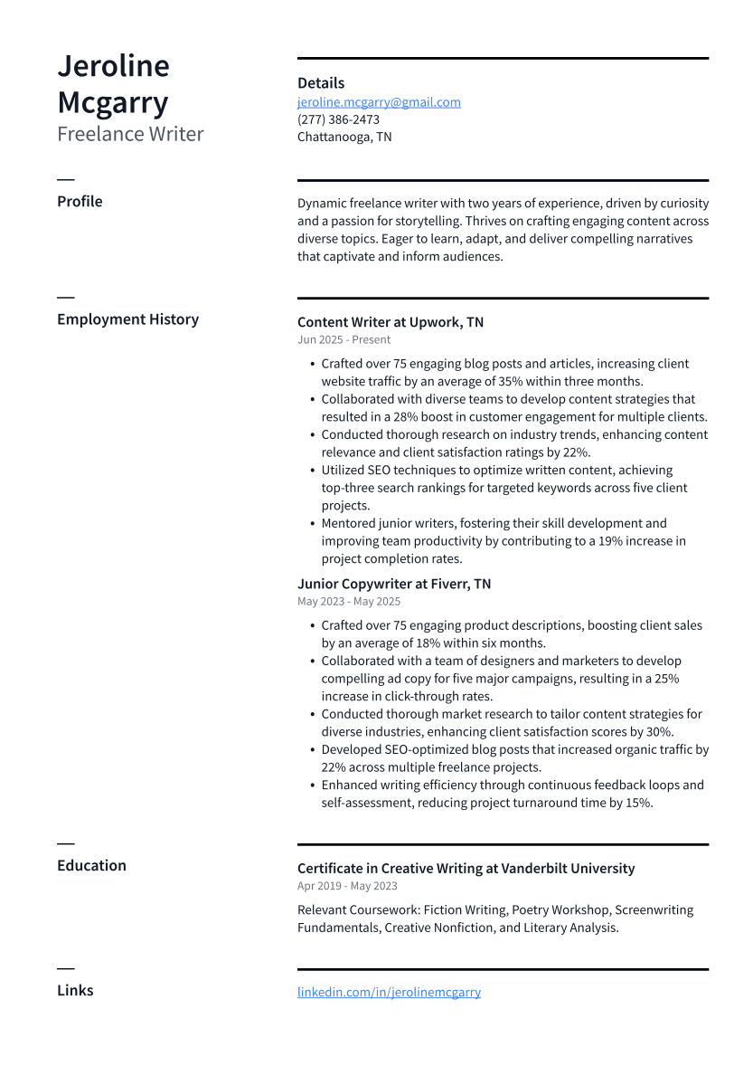 Freelance Writer Resume Example