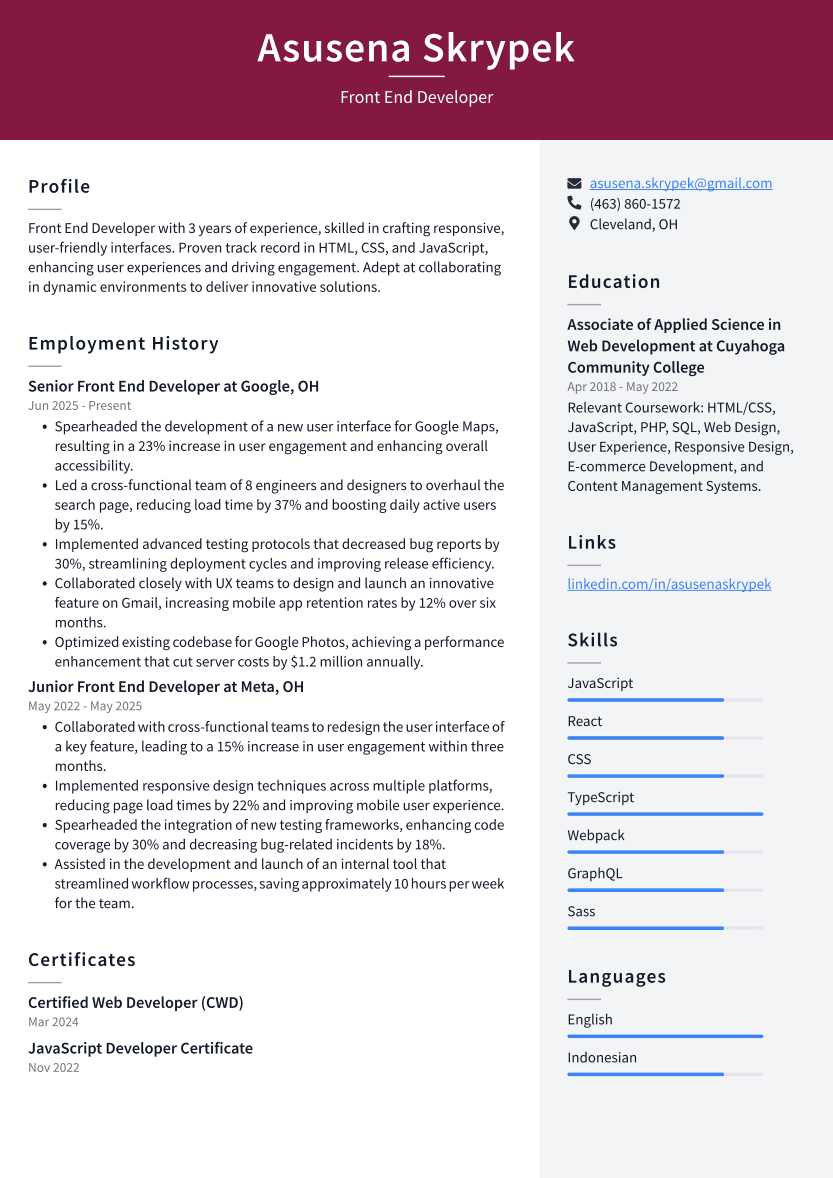 Front End Developer Resume Example