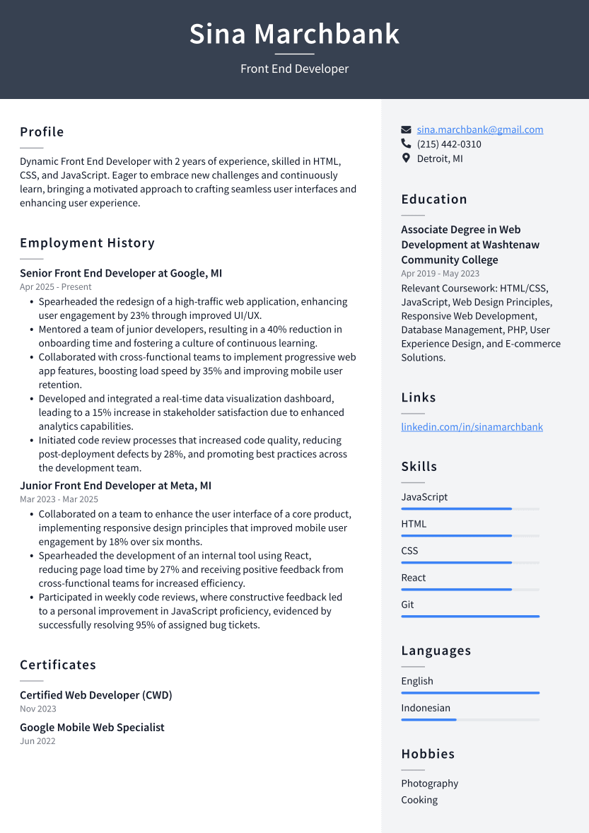Front End Developer Resume Example