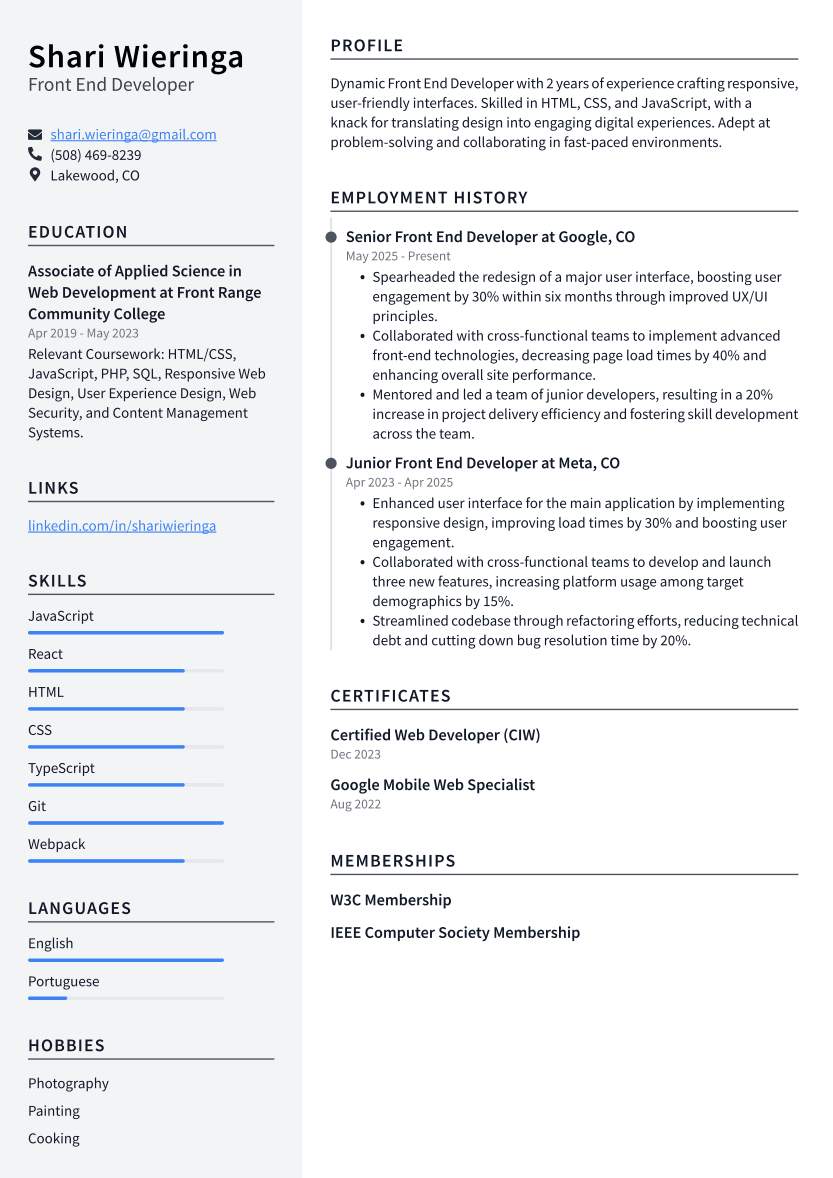 Front End Developer Resume Example