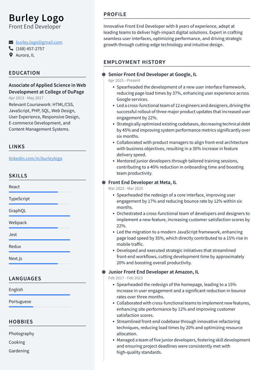 Front End Developer Resume Example