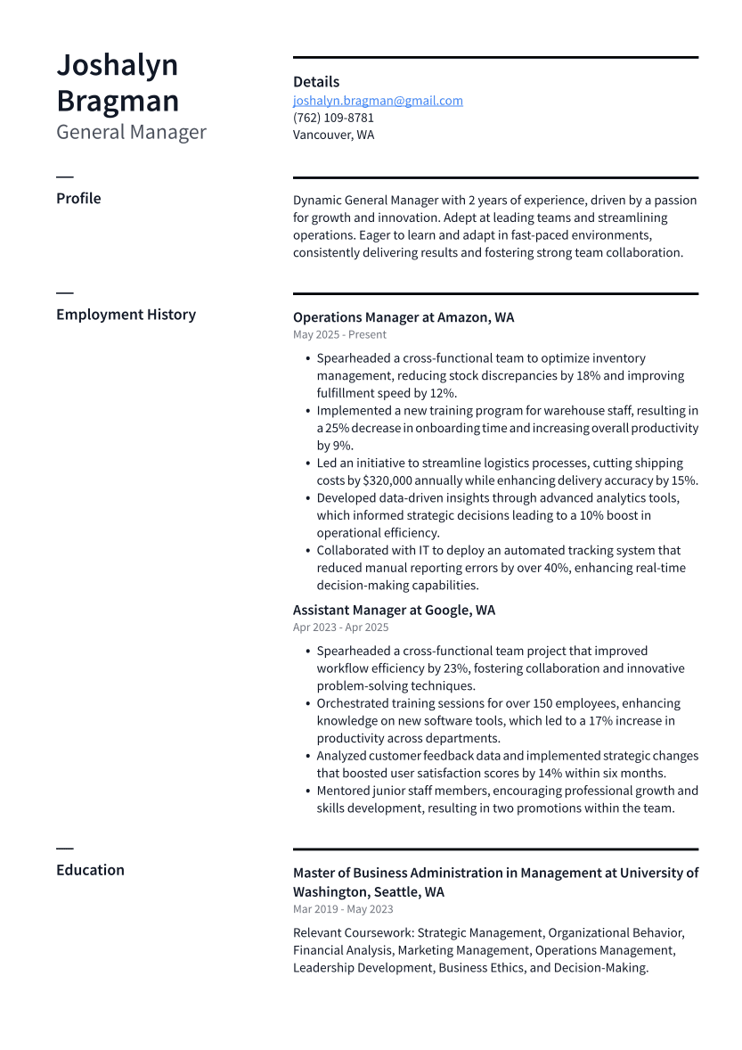 General Manager Resume Example