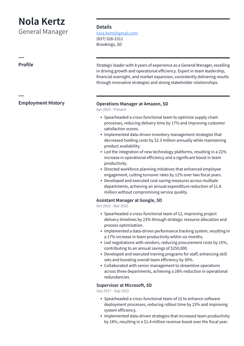General Manager Resume Example