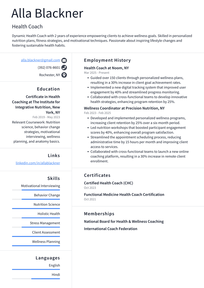 Health Coach Resume Example