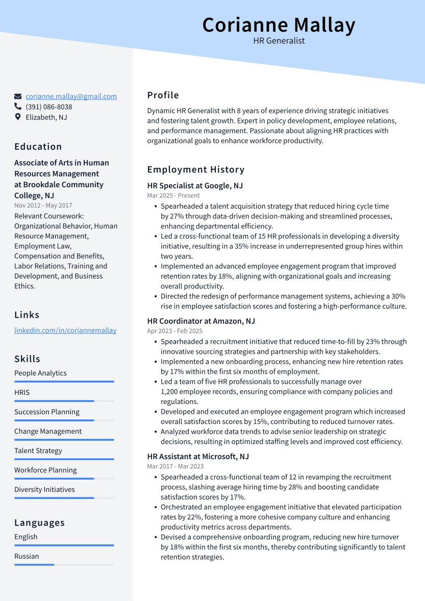 HR Generalist Resume Example