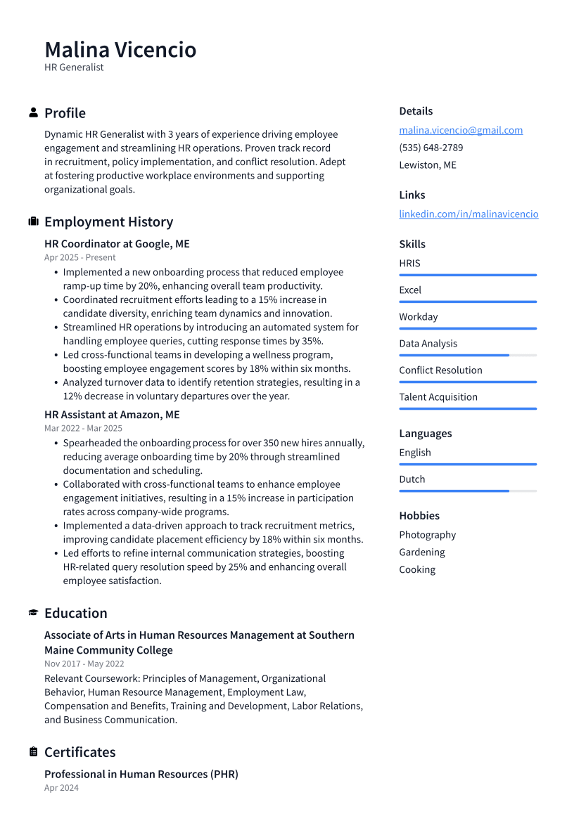 HR Generalist Resume Example