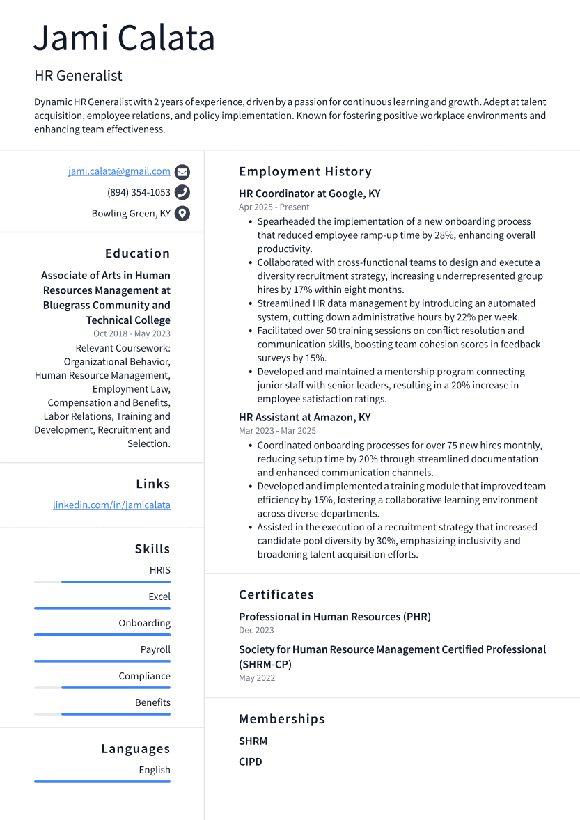 HR Generalist Resume Example