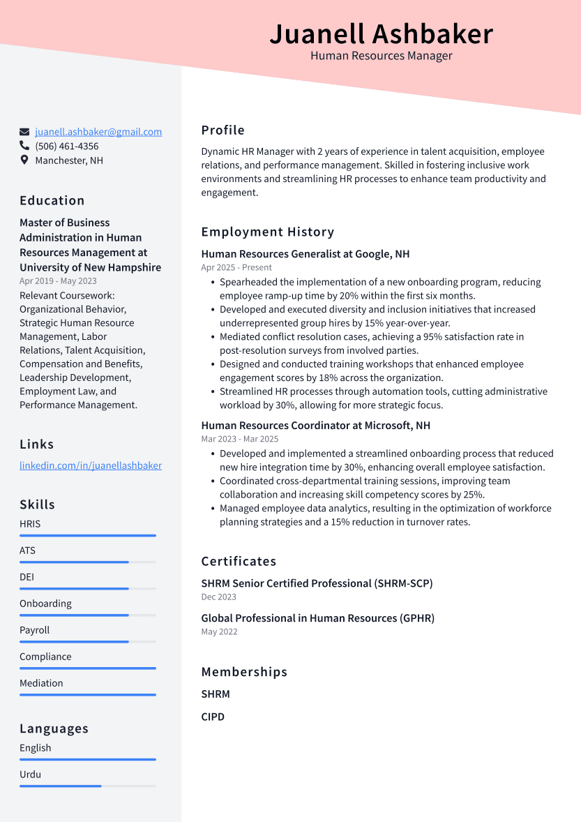 Human Resources Manager Resume Example