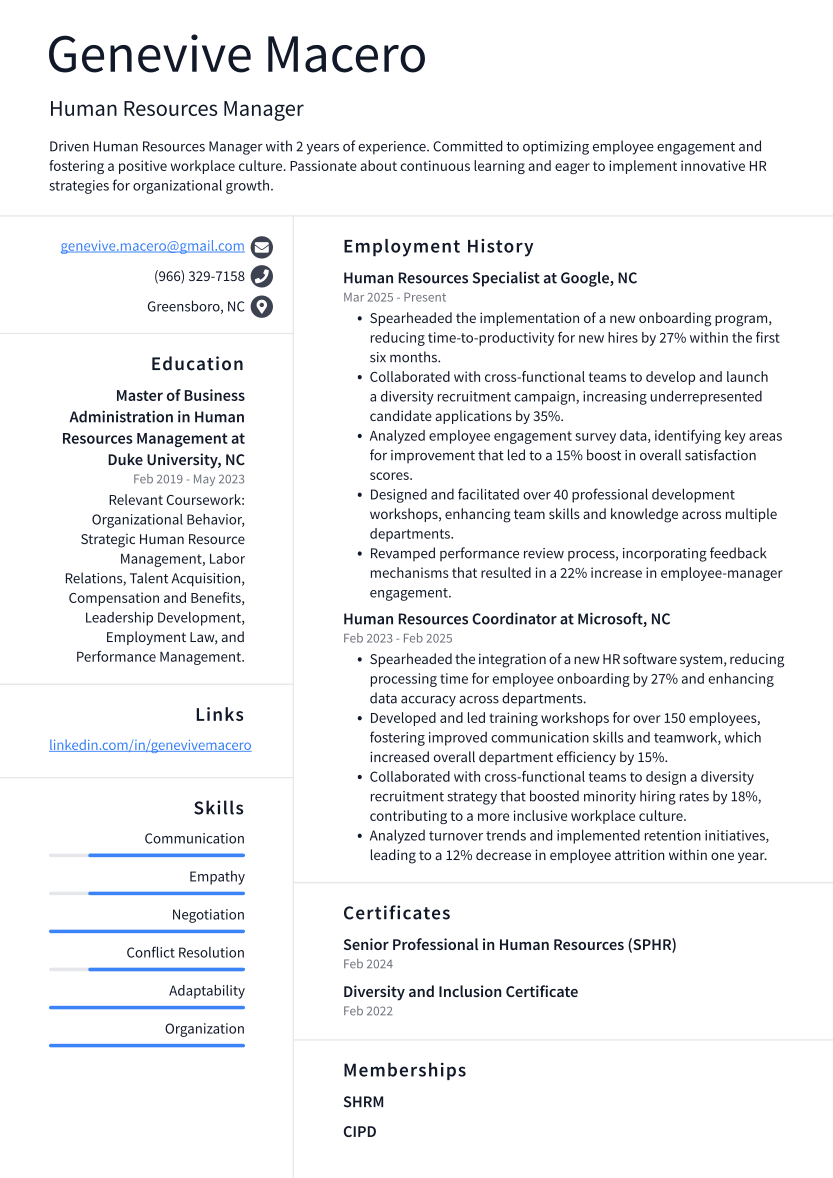 Human Resources Manager Resume Example