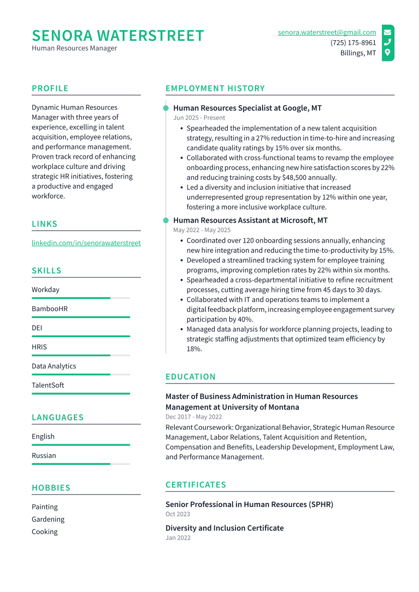 Human Resources Manager Resume Example