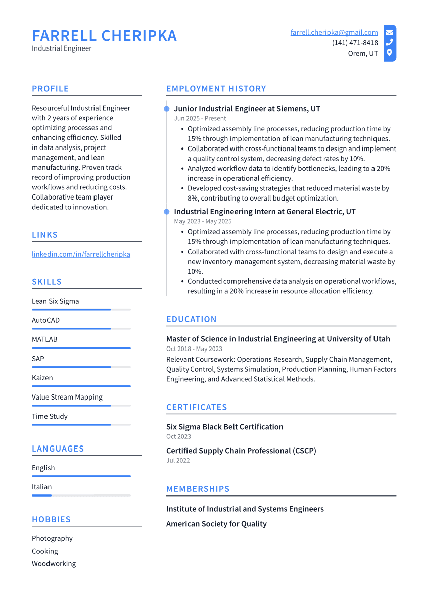 Industrial Engineer Resume Example