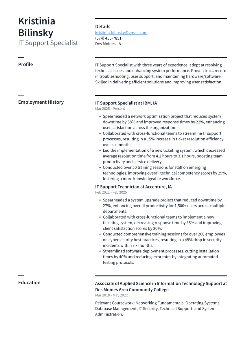 IT Support Specialist Resume Example
