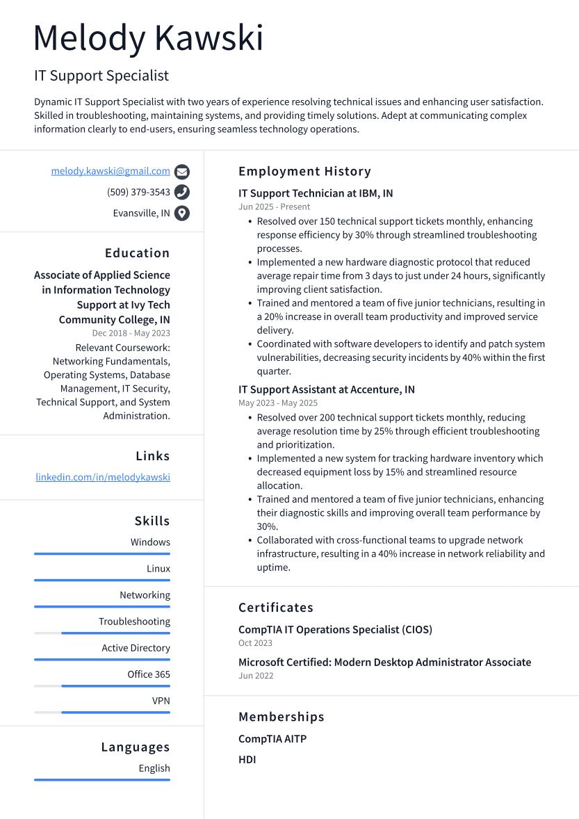IT Support Specialist Resume Example